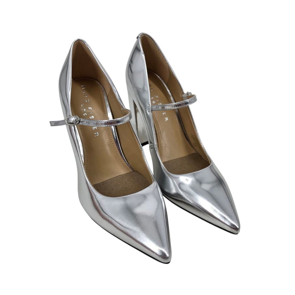 NWOT Marc Fisher LTD Silver Artie Pointed Toe Mary Jane Block Heel Pumps Size 6